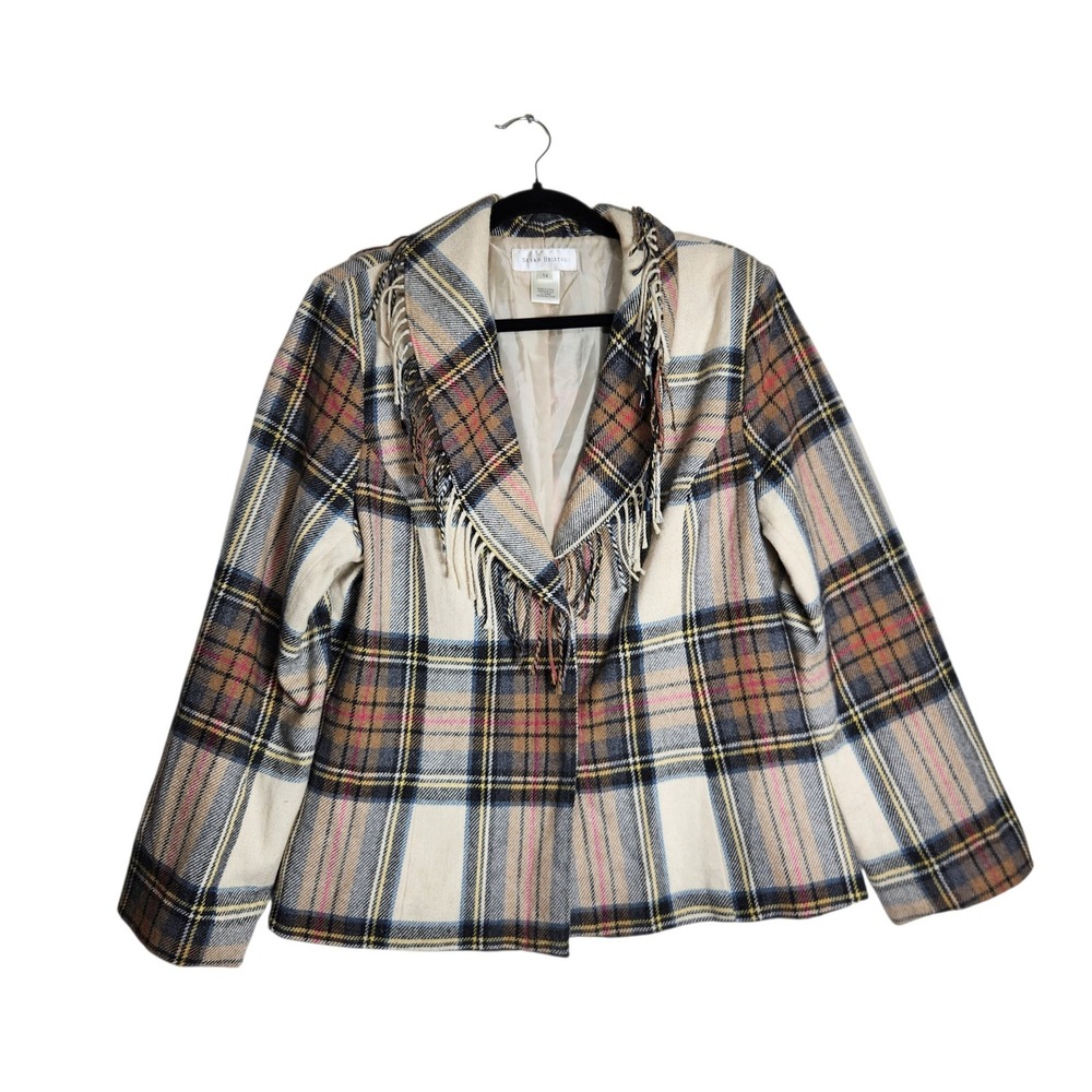 Susan Bristol Plaid Fringe Trim Wool Blend Blazer Jacket Cream Navy Pink 14